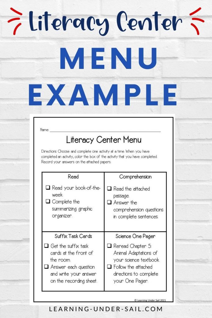 literacy center menu example